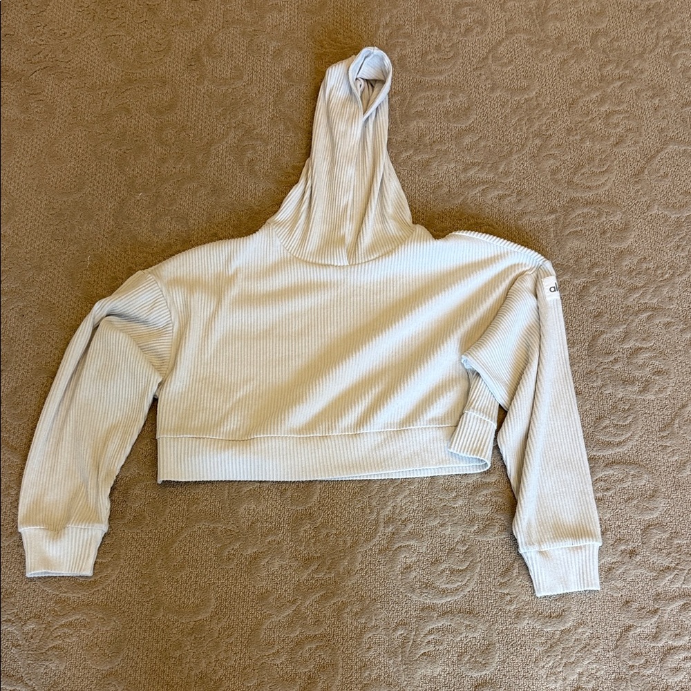 Alo Muse Knit Ribbed Women's Cream Cropped Hoodie